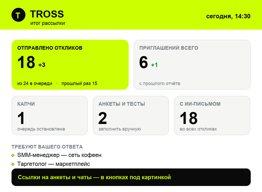 Отчёт TROSS: 18 откликов из 24, 6 приглашений, 1 капча, 2 анкеты, 18 писем от ИИ